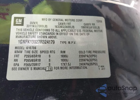 2007 Chevrolet Tahoe Lt from USA, damaged, VIN 1GNFK13027R324179